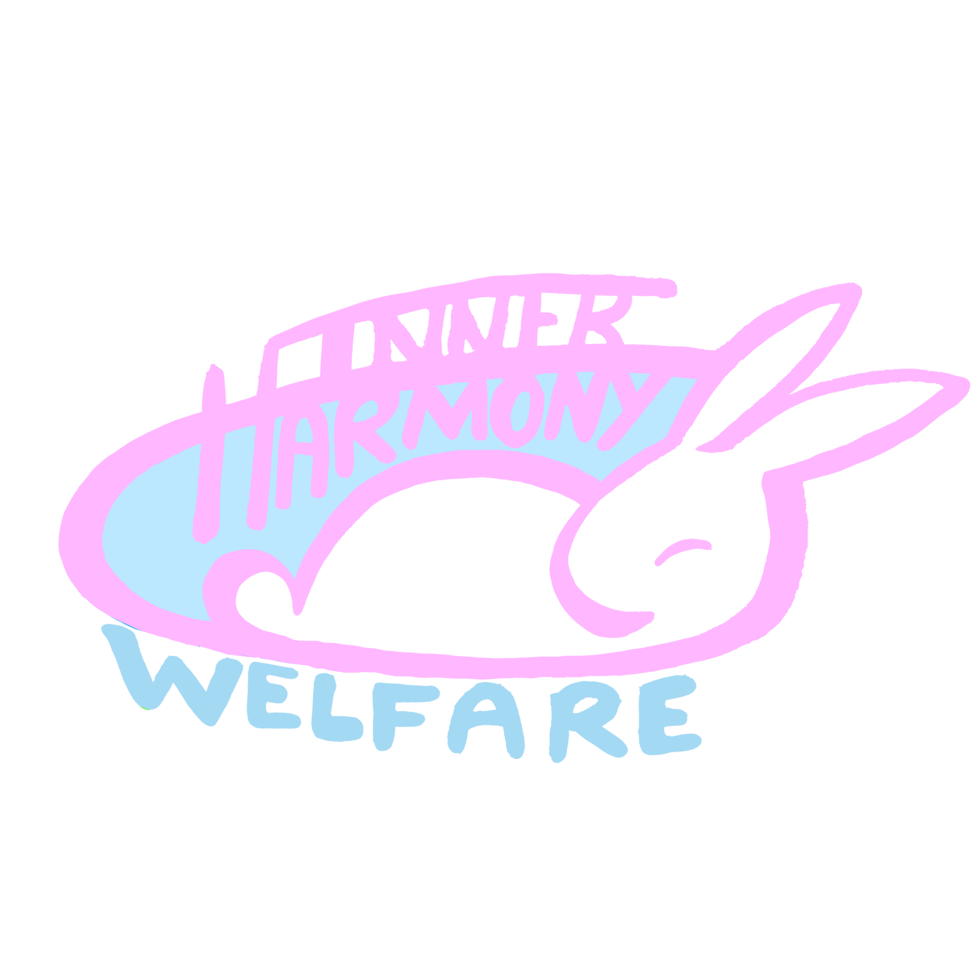 A bunny curled up and surrounded by the text 'inner harmony welfare'