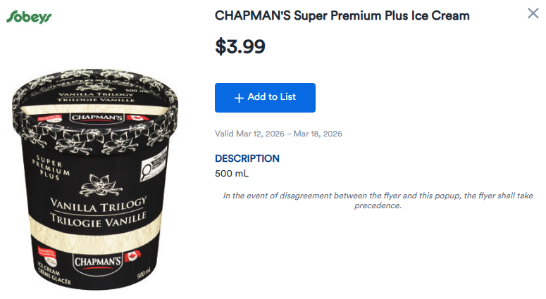 [Sobeys] Chapman's Super Premium Ice Cream $3.99 (Use $3 Coupon = $0.99)